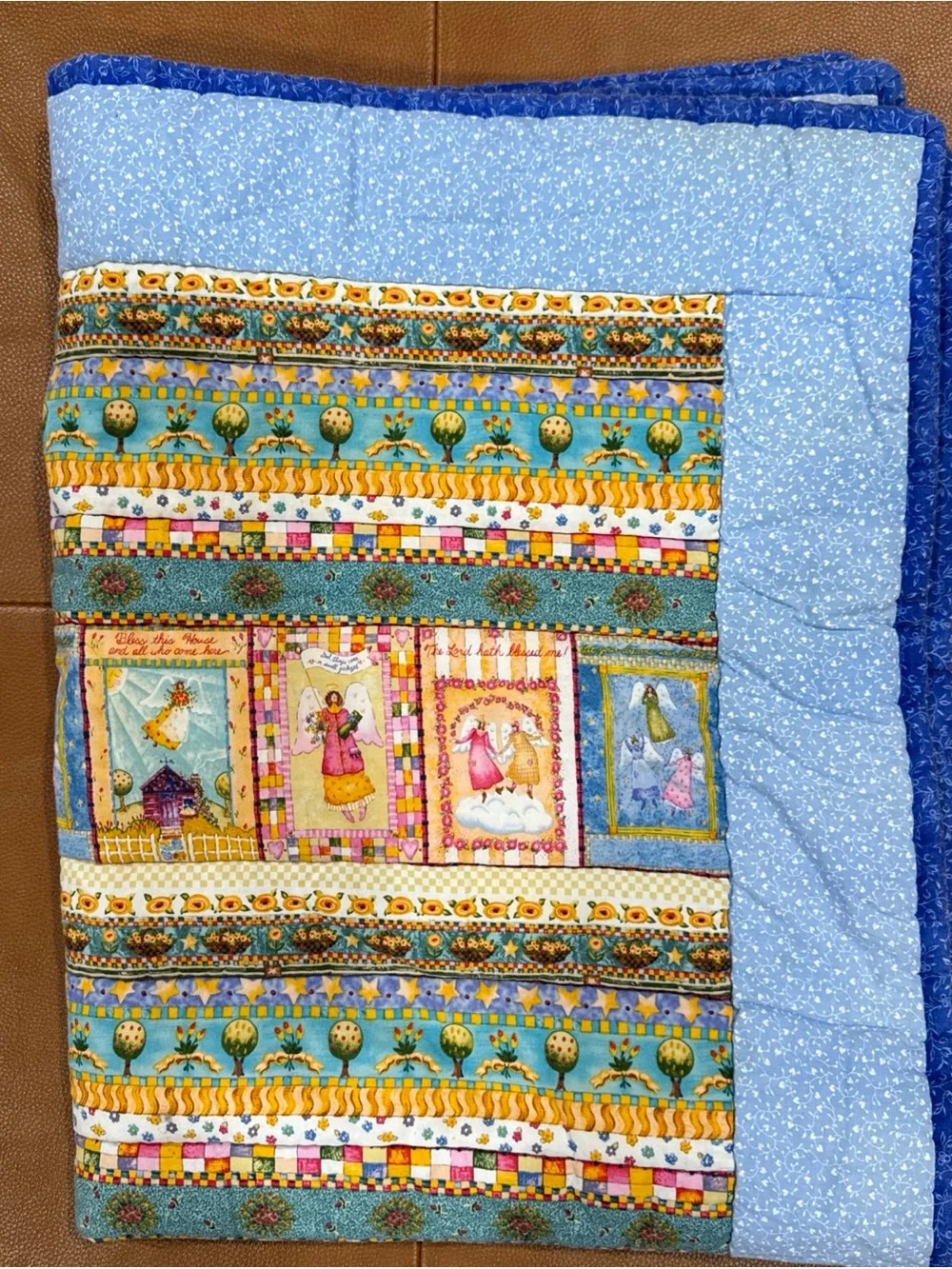 Hand Quilted Angel Baby Quilt Blue Handmade Crib Blanket  With Flannel Back